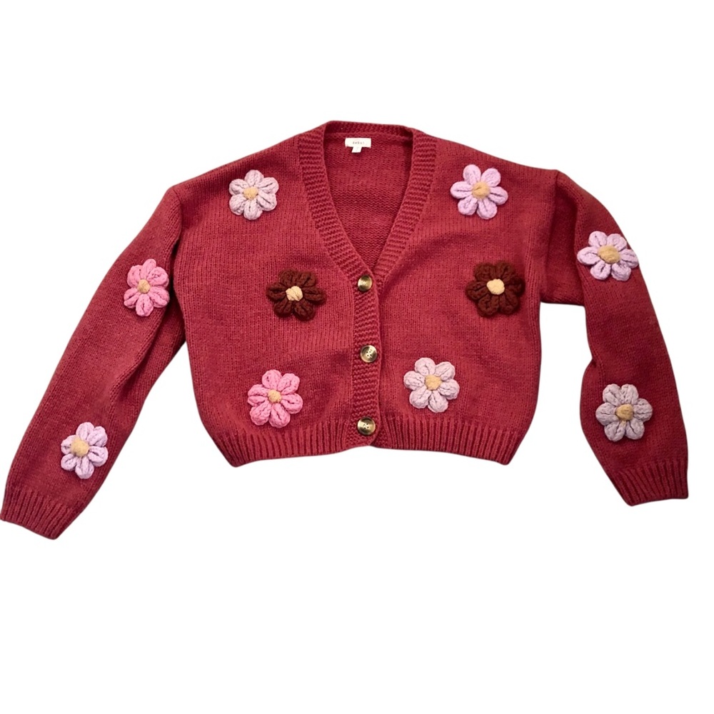 Deep Rose Cardigan with 3-D Knit Flowers on Front & Sleeves Size M
